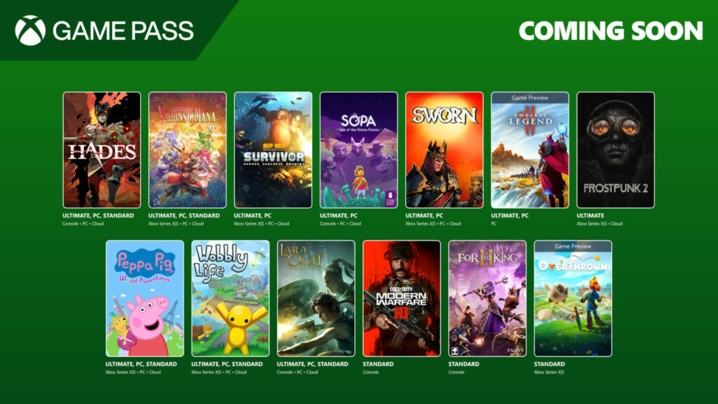Prochaines sorties du game pass en septembre